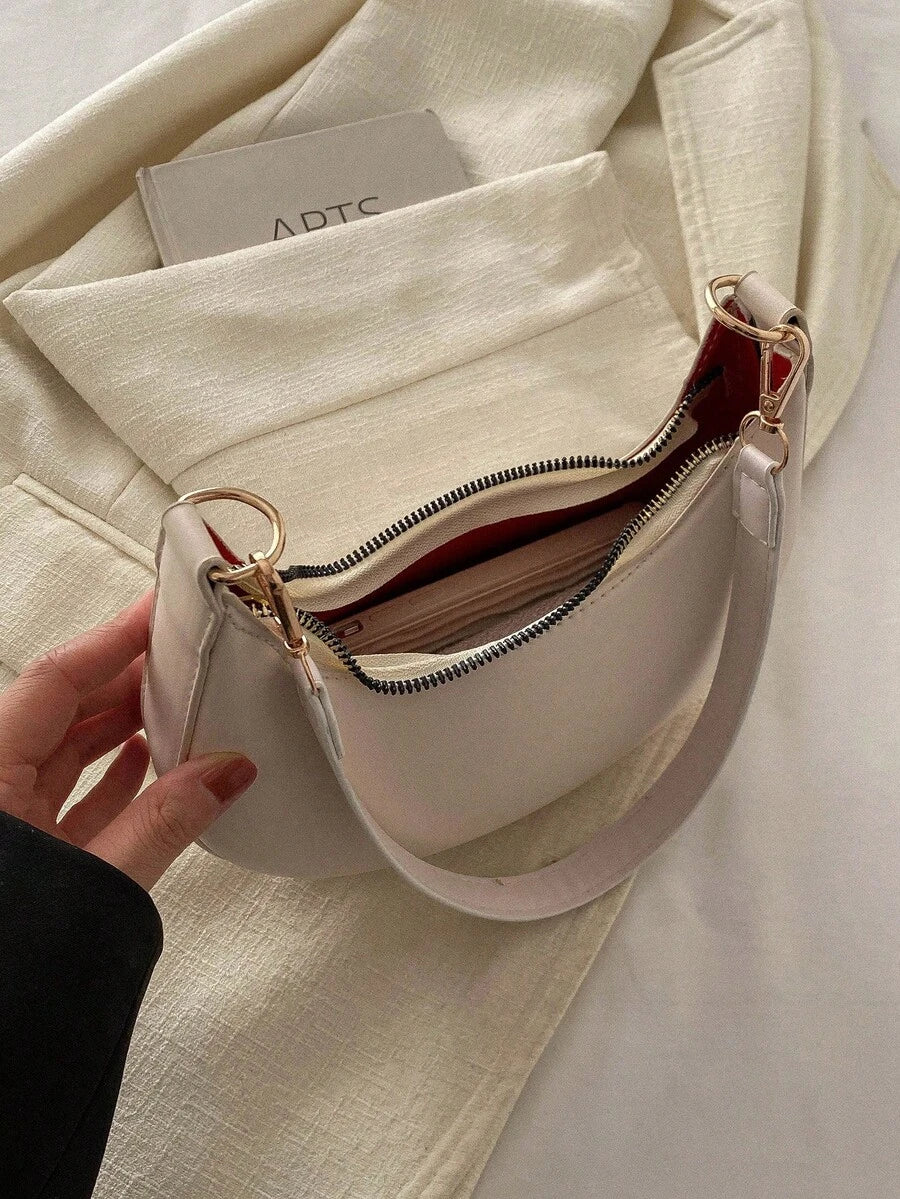 Women's Crescent Shoulder Bag, Faux Leather Half Moon Purse with Gold Hardware