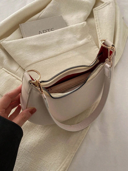 Women's Crescent Shoulder Bag, Faux Leather Half Moon Purse with Gold Hardware