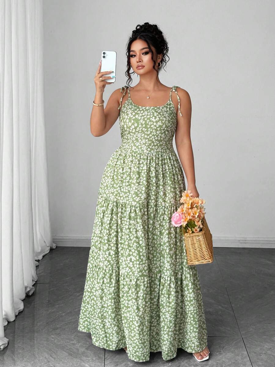 Elenzga Women's Casual Elegant Green Ditsy Floral Spaghetti Strap Backless Dress, Summer Mensa