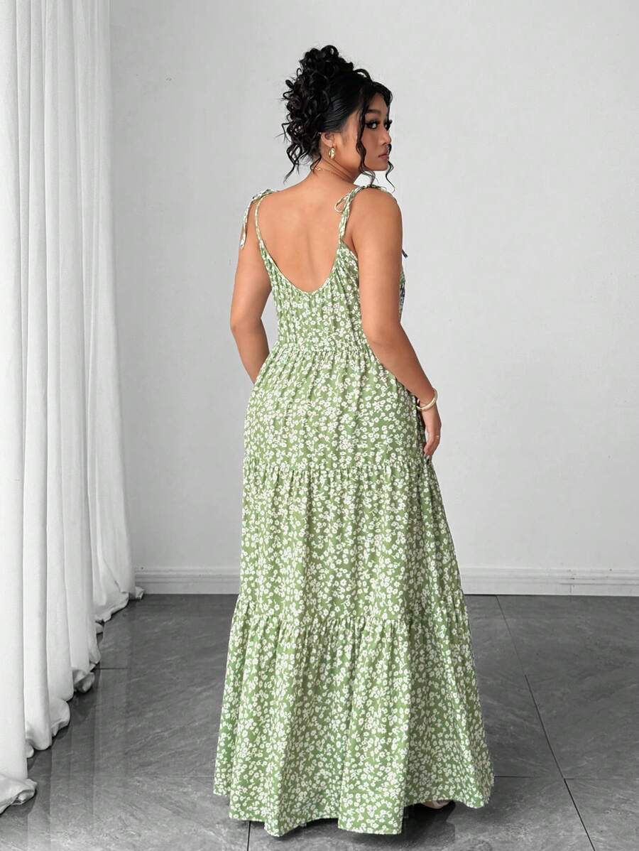 Elenzga Women's Casual Elegant Green Ditsy Floral Spaghetti Strap Backless Dress, Summer Mensa