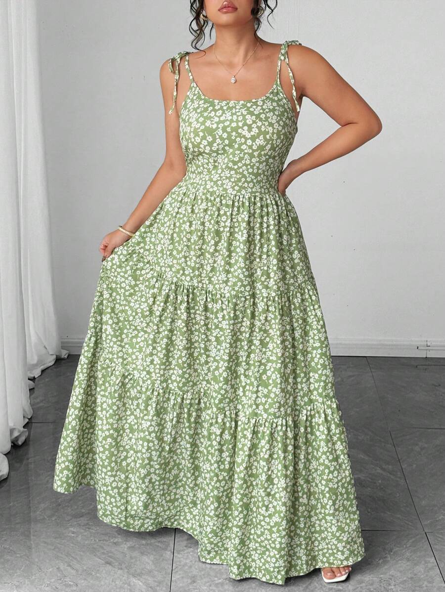 Elenzga Women's Casual Elegant Green Ditsy Floral Spaghetti Strap Backless Dress, Summer Mensa