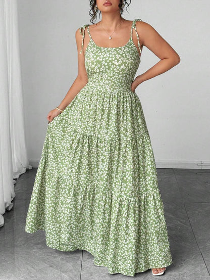 Elenzga Women's Casual Elegant Green Ditsy Floral Spaghetti Strap Backless Dress, Summer Mensa
