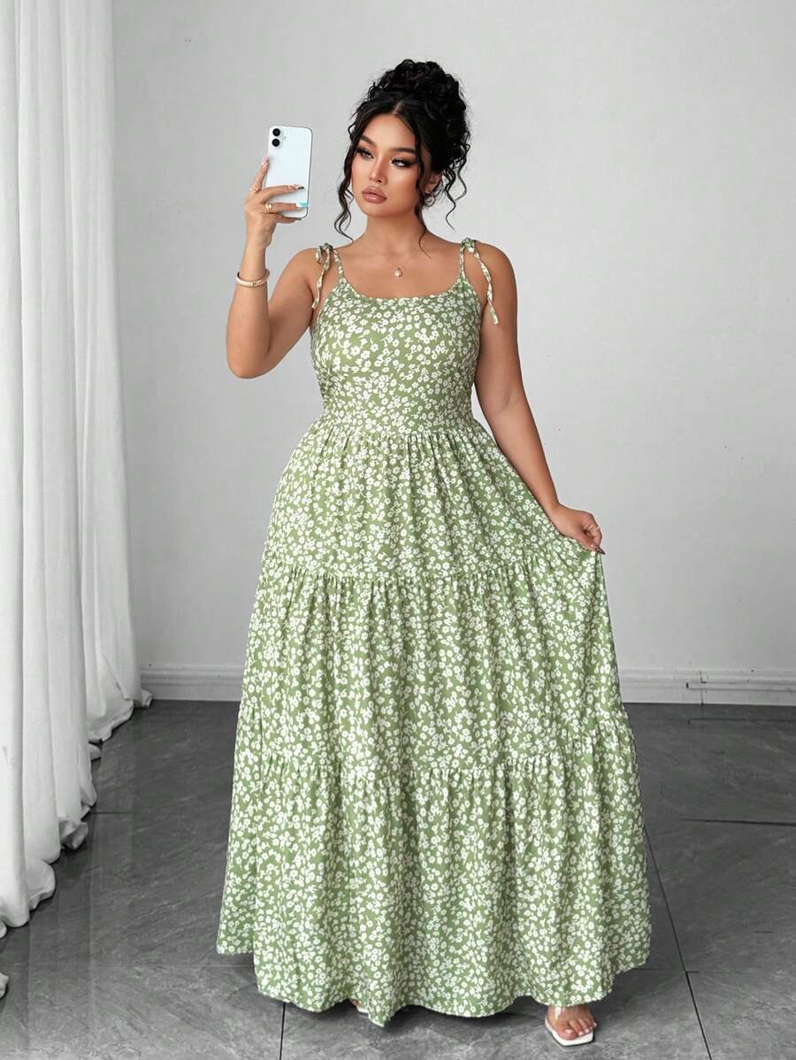 Elenzga Women's Casual Elegant Green Ditsy Floral Spaghetti Strap Backless Dress, Summer Mensa