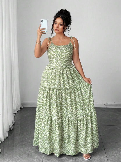 Elenzga Women's Casual Elegant Green Ditsy Floral Spaghetti Strap Backless Dress, Summer Mensa