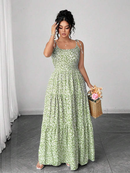 Elenzga Women's Casual Elegant Green Ditsy Floral Spaghetti Strap Backless Dress, Summer Mensa