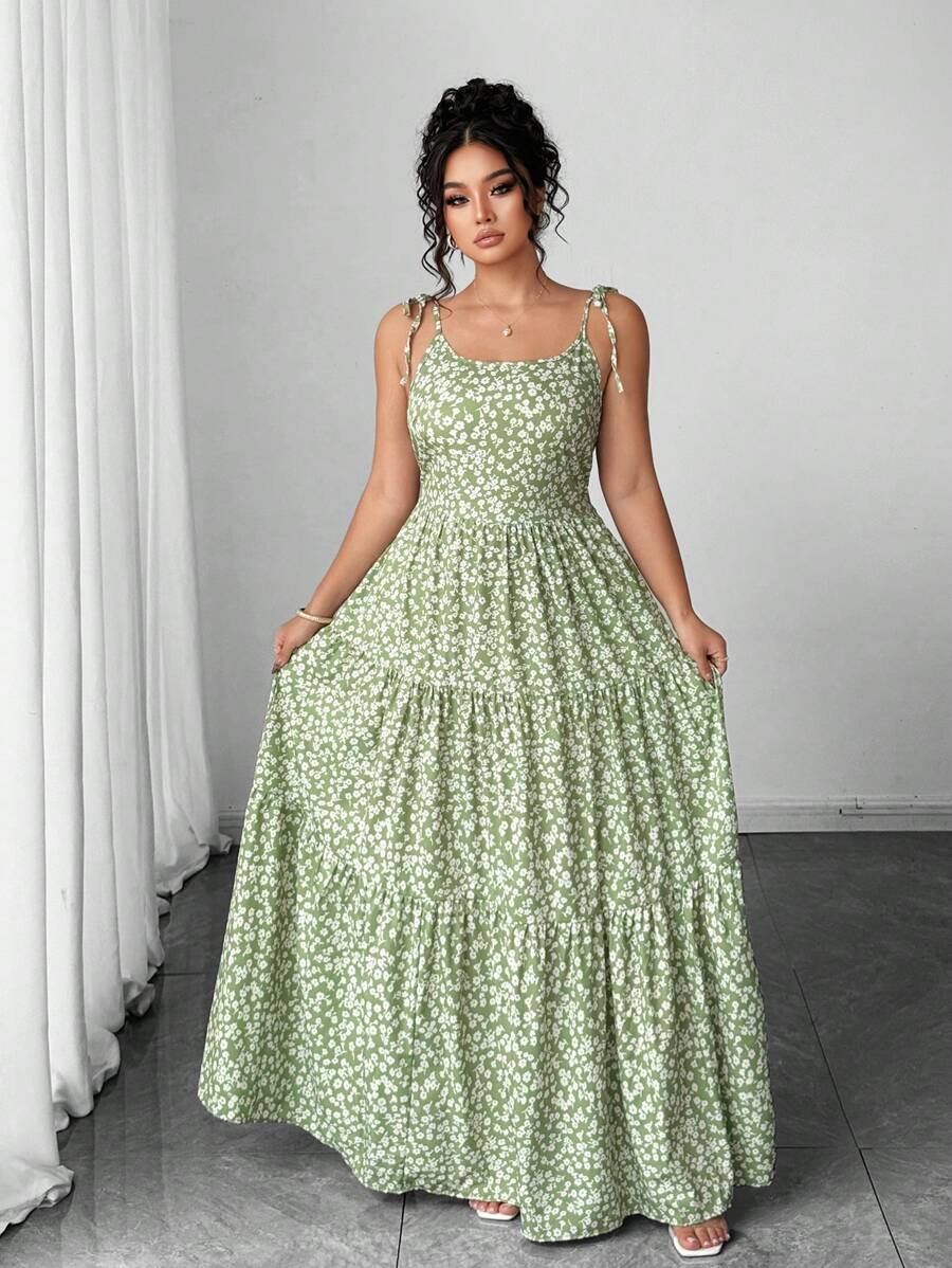 Elenzga Women's Casual Elegant Green Ditsy Floral Spaghetti Strap Backless Dress, Summer Mensa