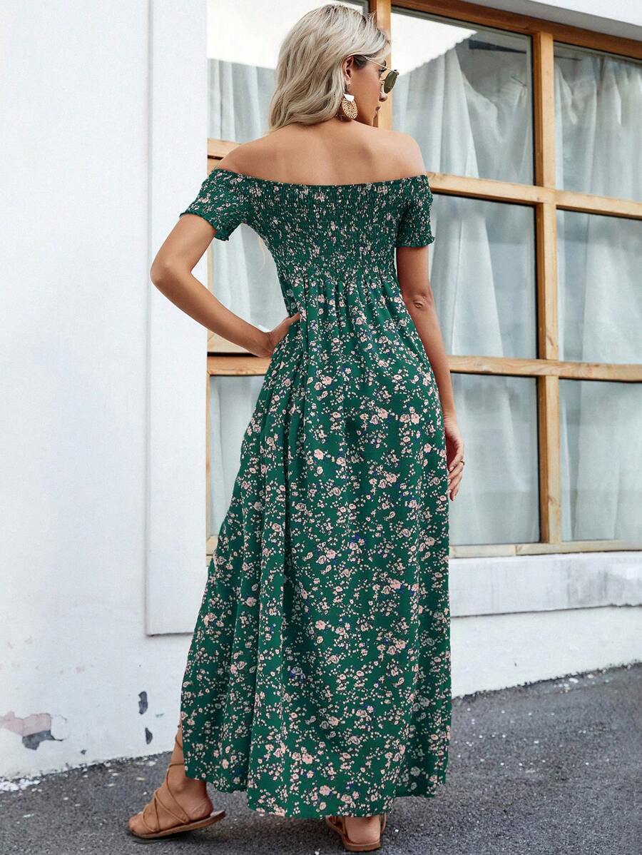 Breezaya Short Sleeve Off-Shoulder Ditsy Floral Slit Summer Dress Maxi Vacation Beach Outfits Women Mensa