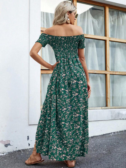 Breezaya Short Sleeve Off-Shoulder Ditsy Floral Slit Summer Dress Maxi Vacation Beach Outfits Women Mensa