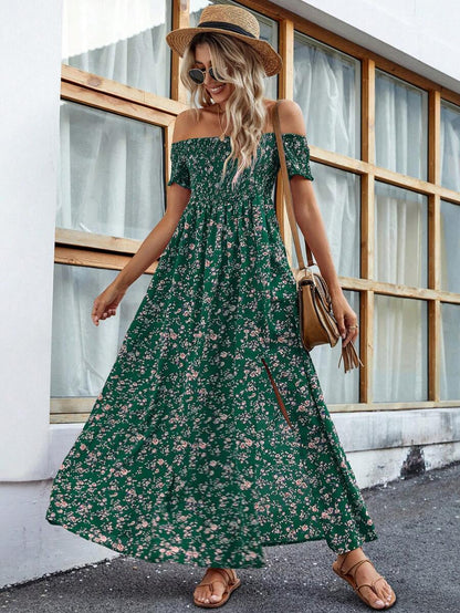 Breezaya Short Sleeve Off-Shoulder Ditsy Floral Slit Summer Dress Maxi Vacation Beach Outfits Women Mensa
