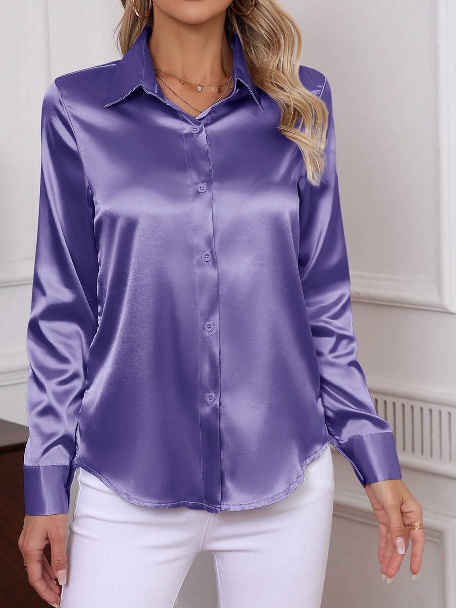 Como Satin Button Up Long Sleeve Blouse