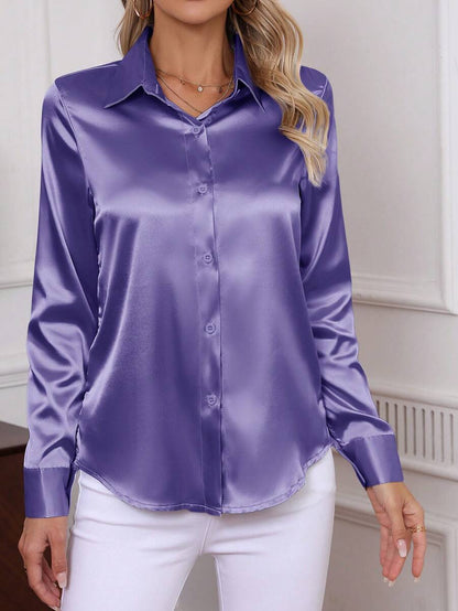 Como Satin Button Up Long Sleeve Blouse