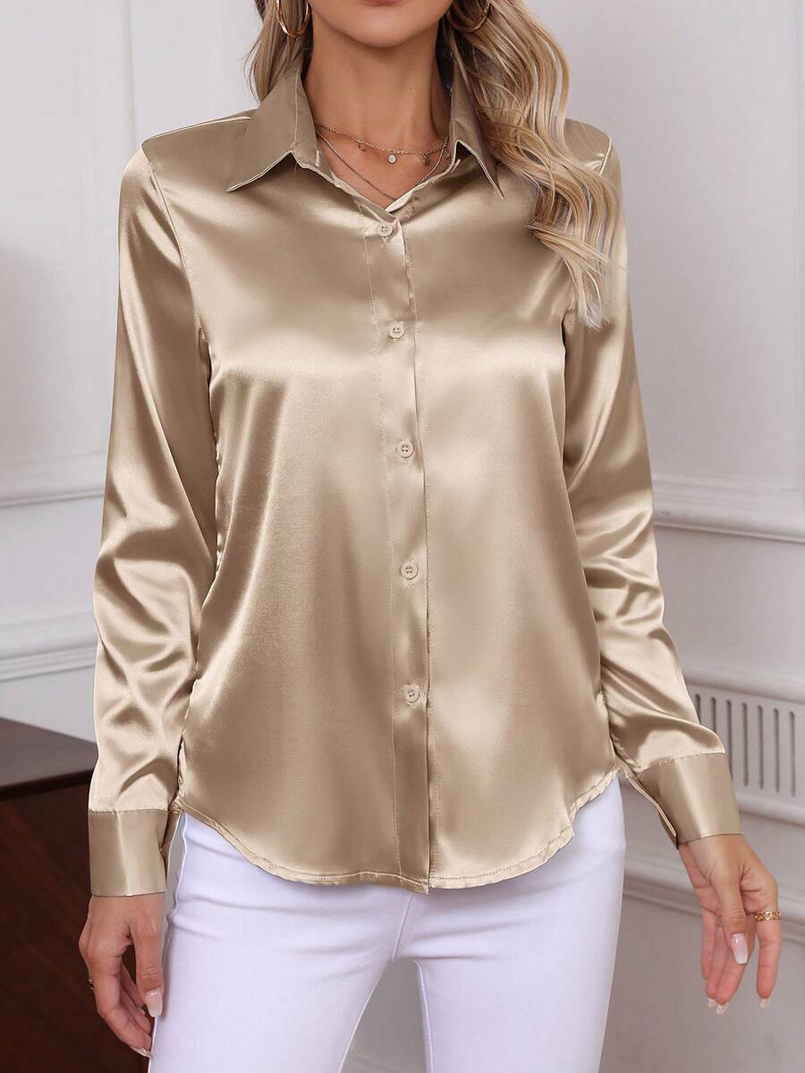 Como Satin Button Up Long Sleeve Blouse