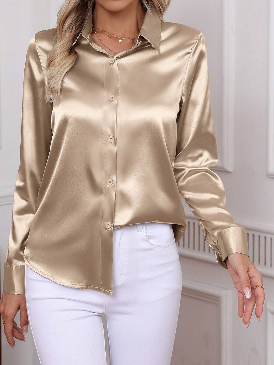 Como Satin Button Up Long Sleeve Blouse - Khaki