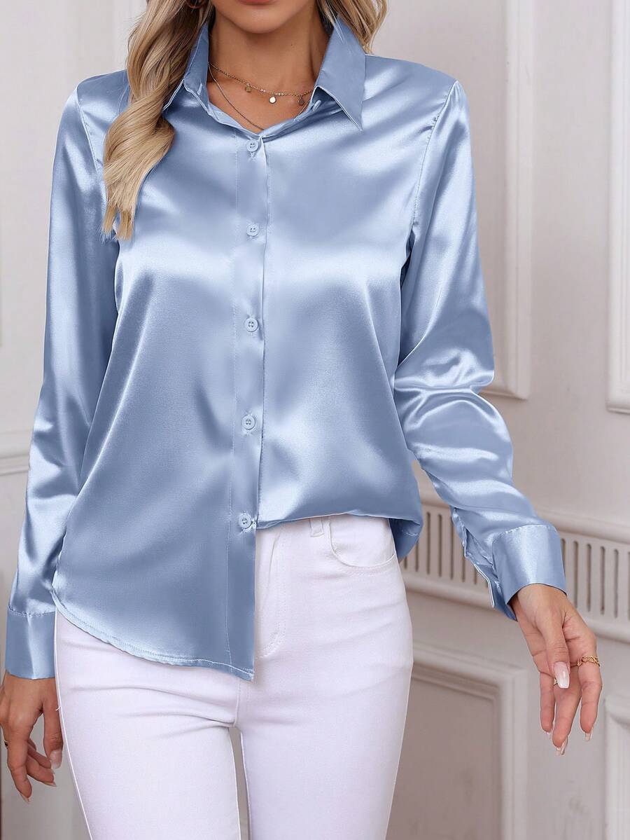 Como Satin Button Up Long Sleeve Blouse - Baby Blue