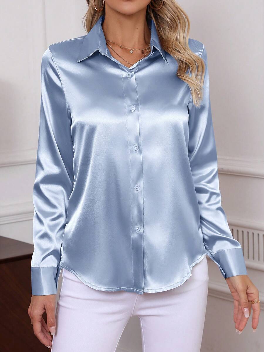 Como Satin Button Up Long Sleeve Blouse