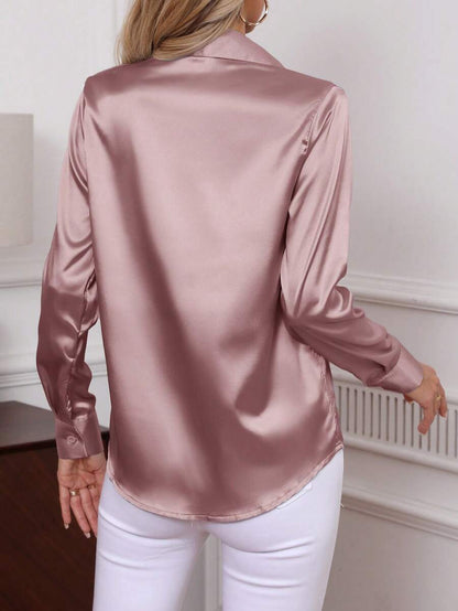Como Satin Button Up Long Sleeve Blouse