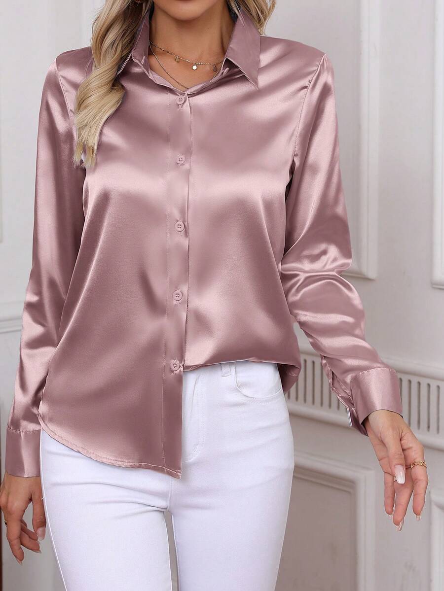 Como Satin Button Up Long Sleeve Blouse - Dusty Pink