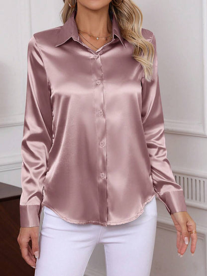 Como Satin Button Up Long Sleeve Blouse