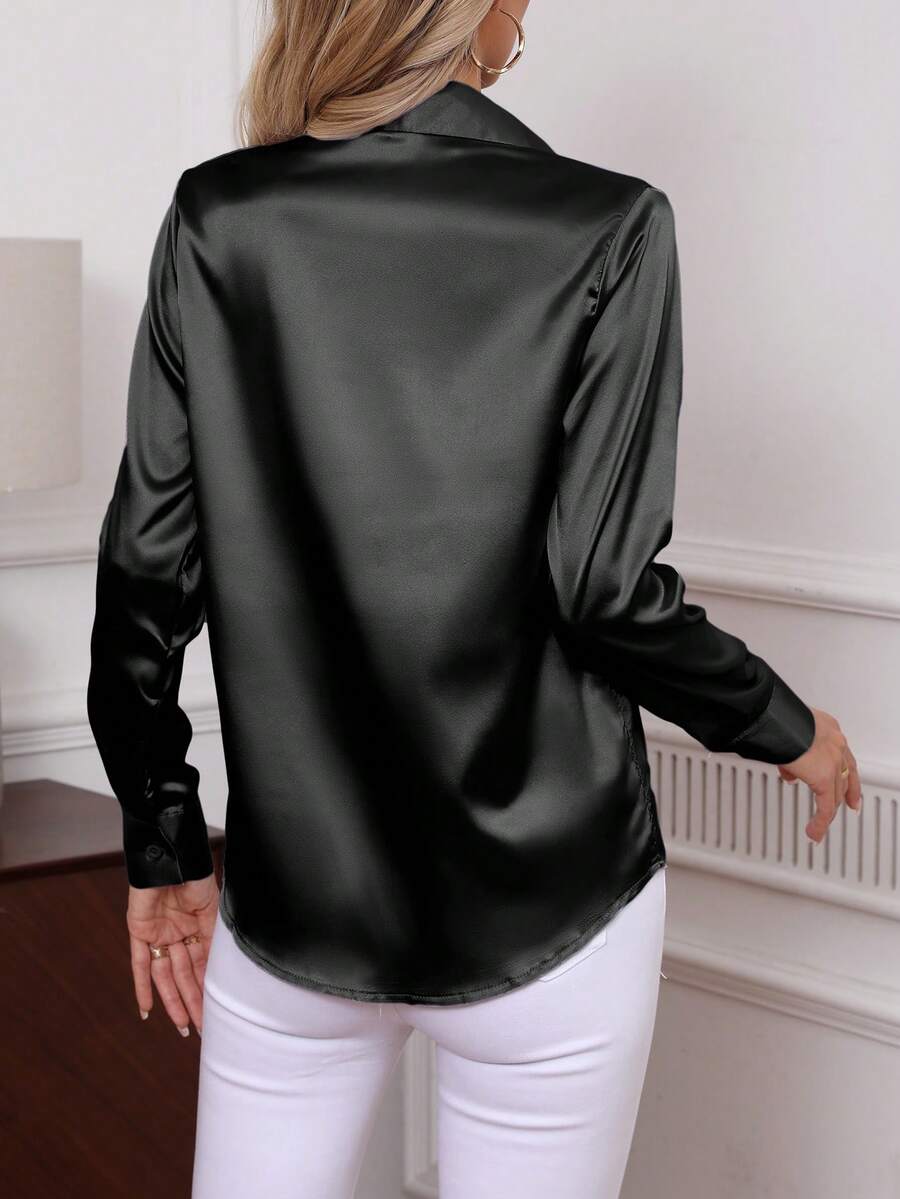 Como Satin Button Up Long Sleeve Blouse