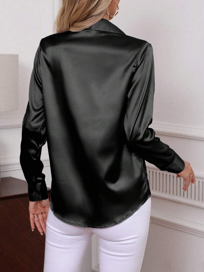 Como Satin Button Up Long Sleeve Blouse