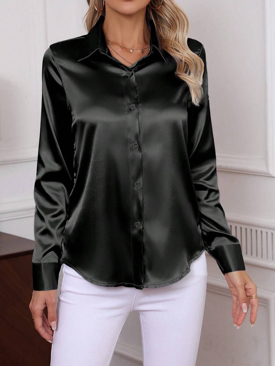 Como Satin Button Up Long Sleeve Blouse
