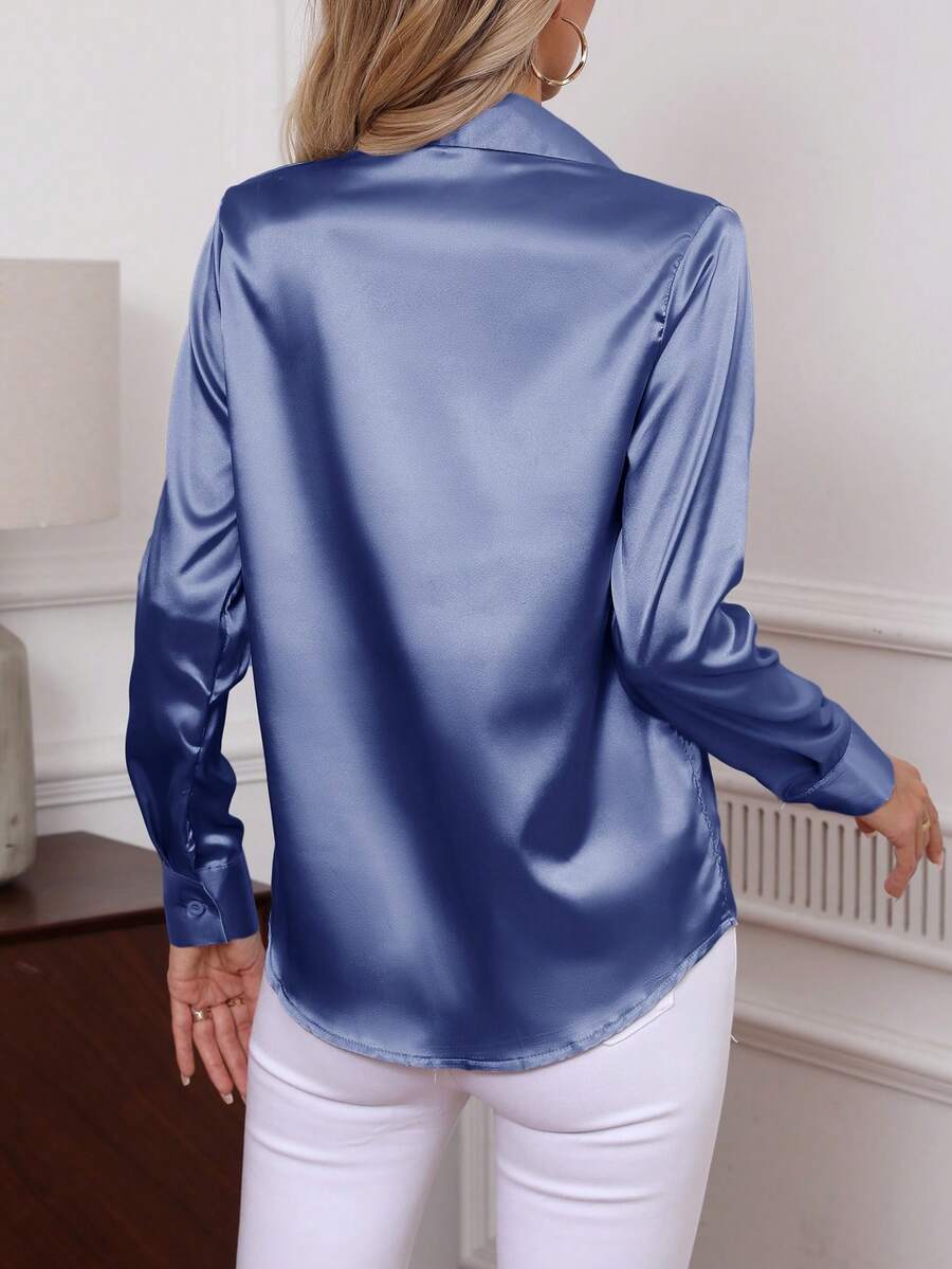 Como Satin Button Up Long Sleeve Blouse