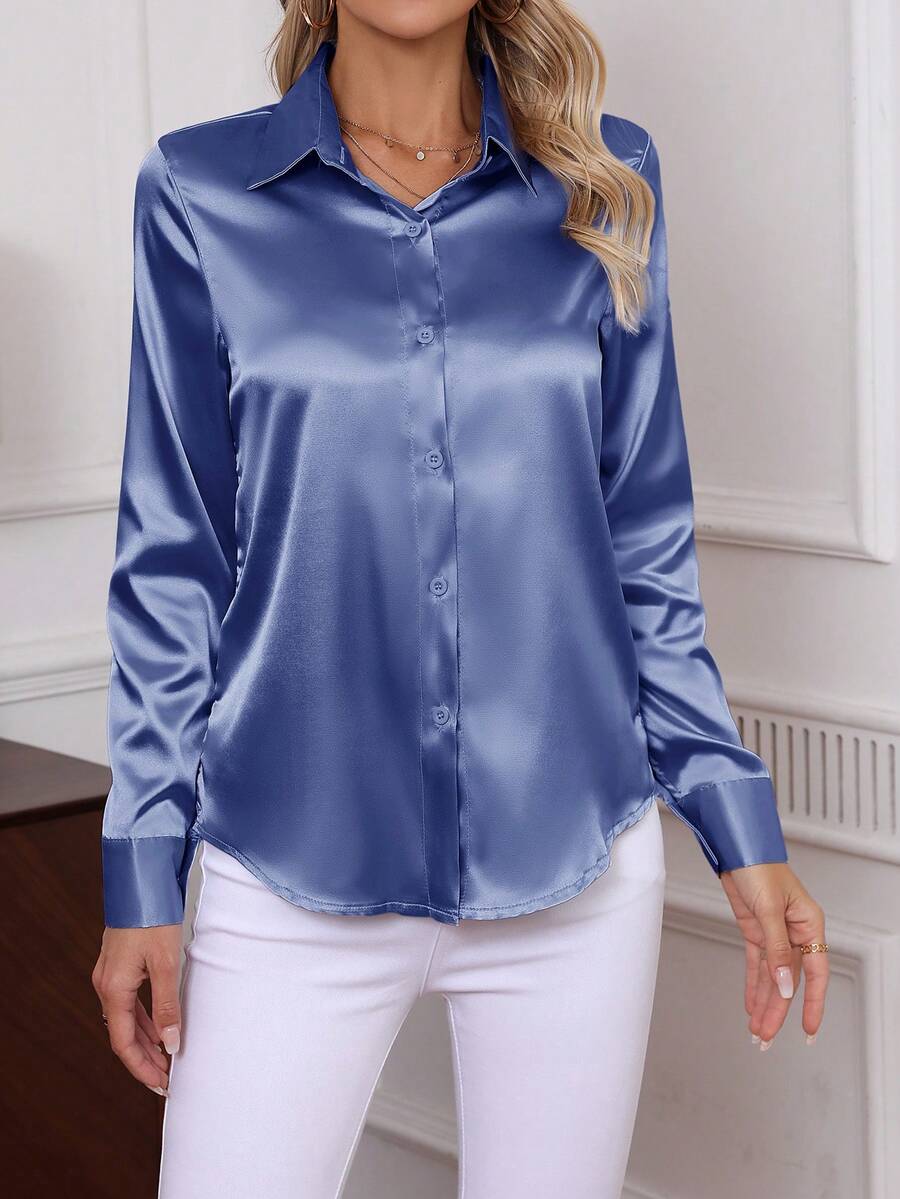 Como Satin Button Up Long Sleeve Blouse
