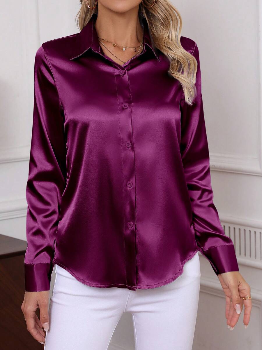 Como Satin Button Up Long Sleeve Blouse