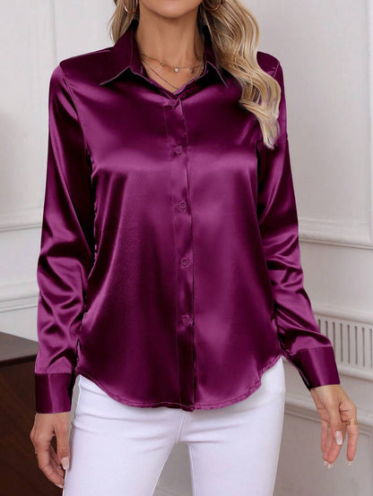 Como Satin Button Up Long Sleeve Blouse