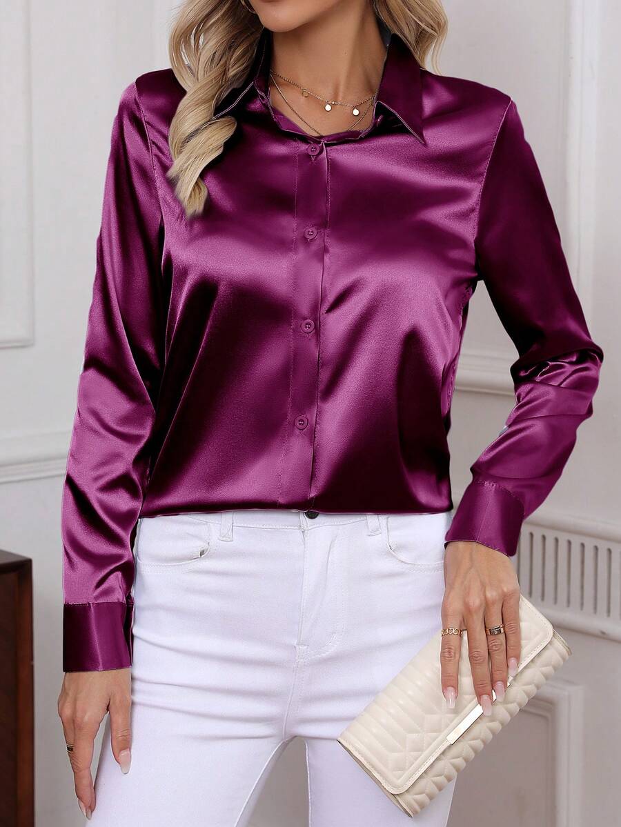 Como Satin Button Up Long Sleeve Blouse