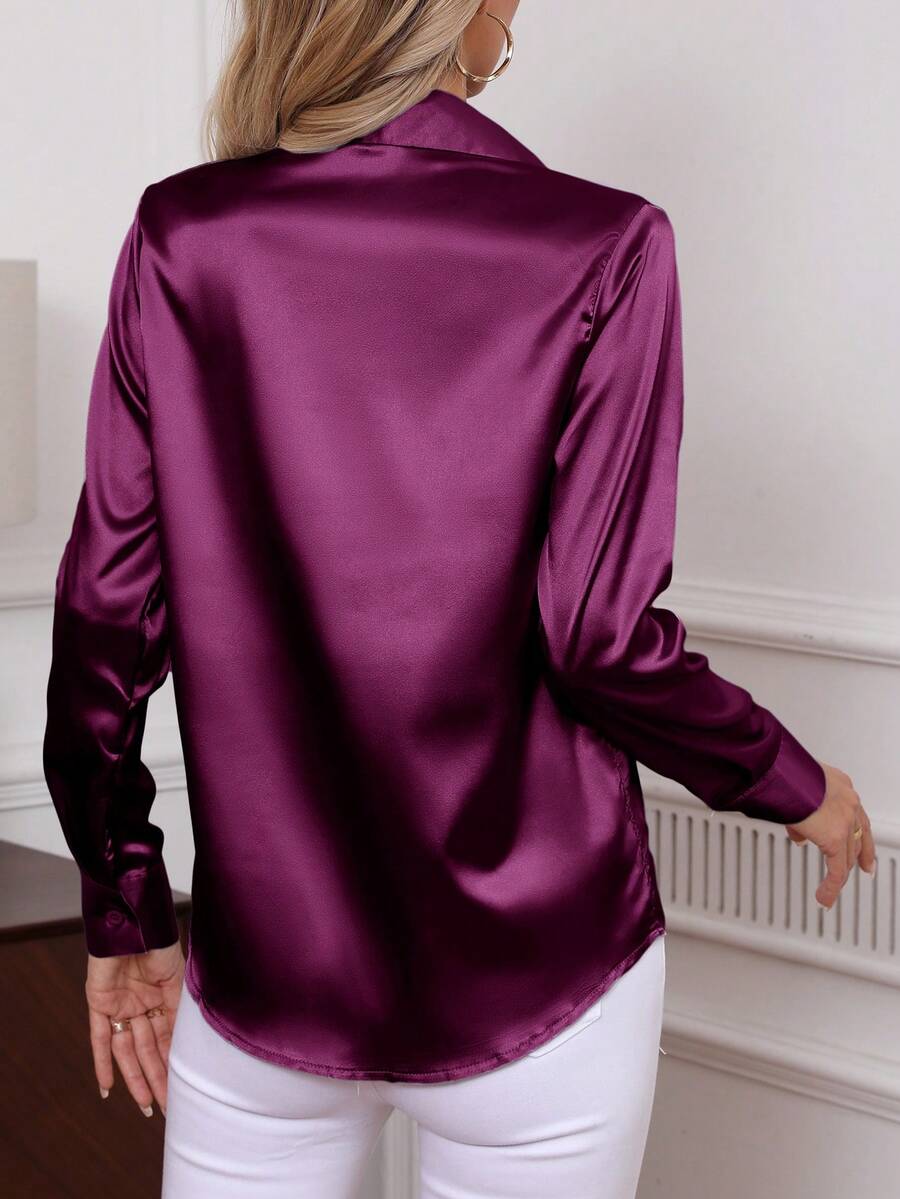 Como Satin Button Up Long Sleeve Blouse