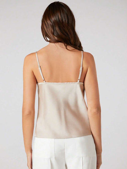 Rosemary Draped Cowl Neck Satin Cami Top with Spaghetti Straps - Beige