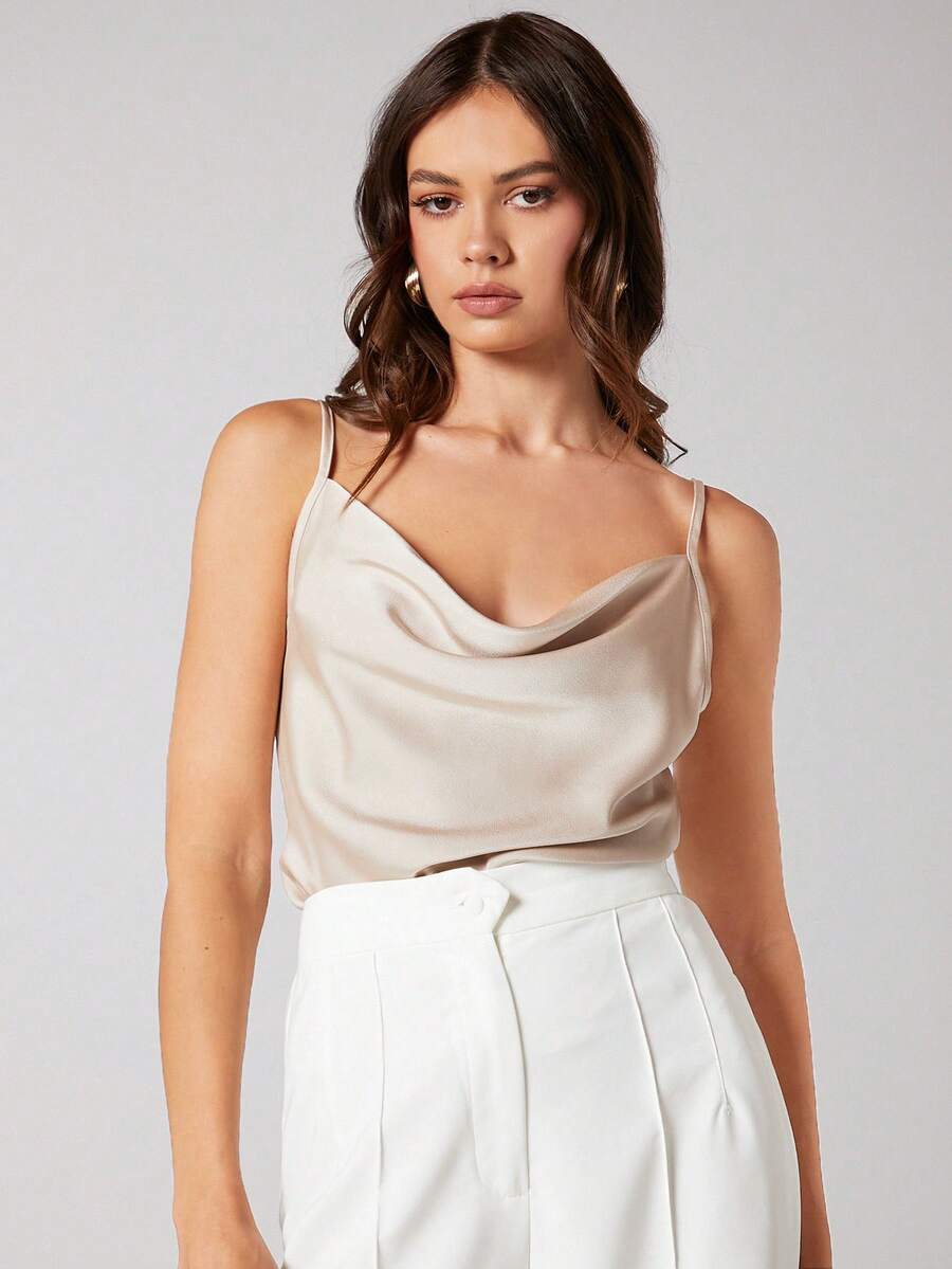 Rosemary Draped Cowl Neck Satin Cami Top with Spaghetti Straps - Beige