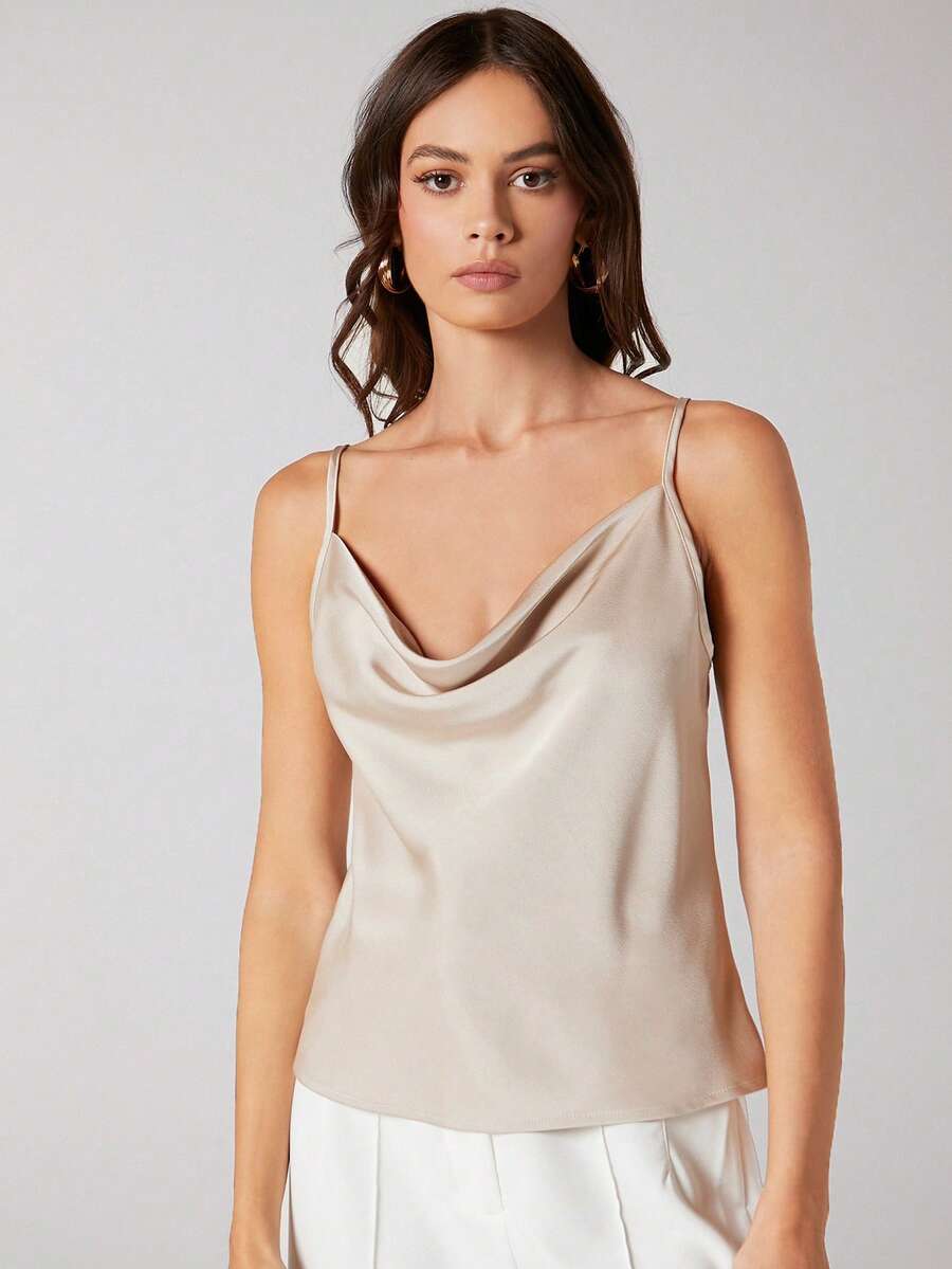 Rosemary Draped Cowl Neck Satin Cami Top with Spaghetti Straps - Beige