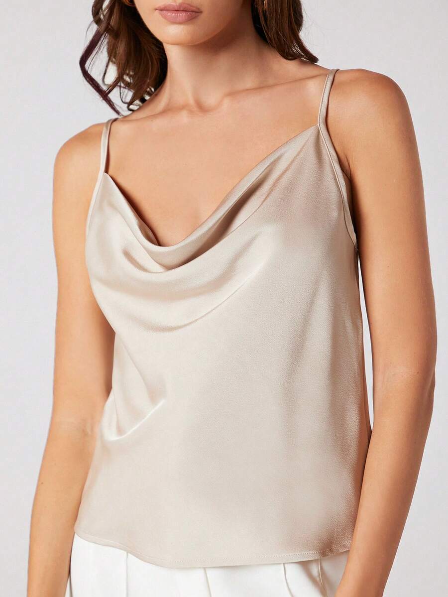 Rosemary Draped Cowl Neck Satin Cami Top with Spaghetti Straps - Beige