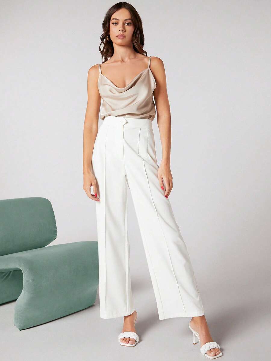 Rosemary Draped Cowl Neck Satin Cami Top with Spaghetti Straps - Beige