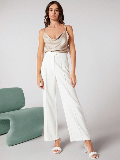 Rosemary Draped Cowl Neck Satin Cami Top with Spaghetti Straps - Beige
