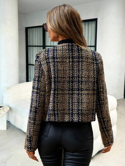 Cordelia Plaid Tweed Open Front Collarless Cropped Jacket - Black Plaid