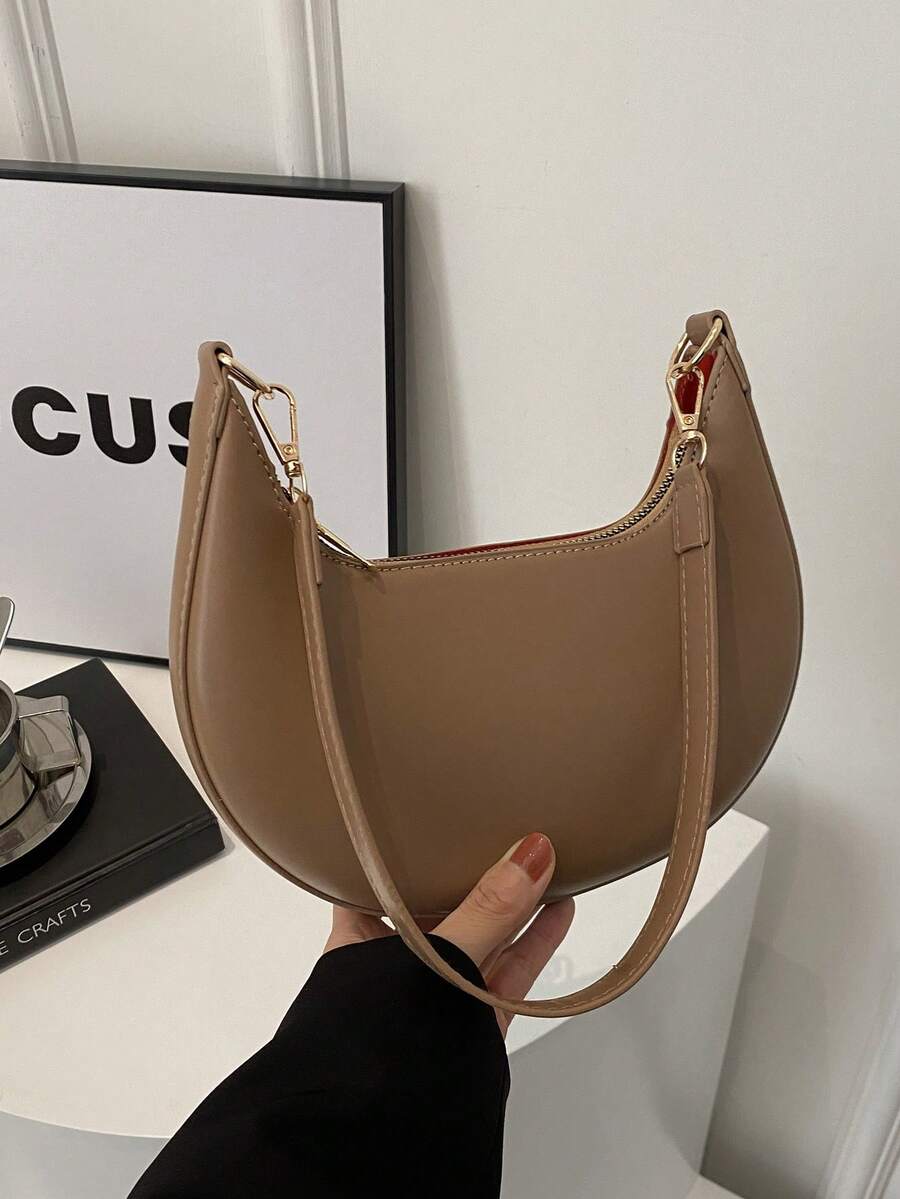 Women's Crescent Shoulder Bag, Faux Leather Half Moon Purse with Gold Hardware