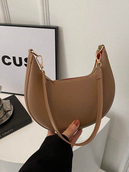 Women's Crescent Shoulder Bag, Faux Leather Half Moon Purse with Gold Hardware