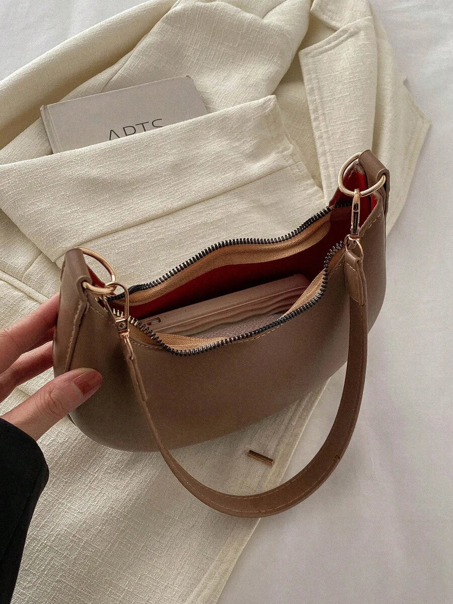 Women's Crescent Shoulder Bag, Faux Leather Half Moon Purse with Gold Hardware