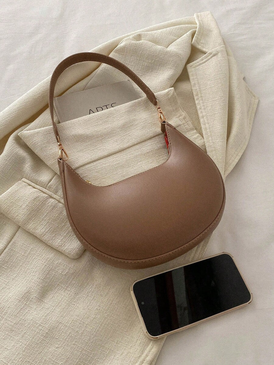 Women's Crescent Shoulder Bag, Faux Leather Half Moon Purse with Gold Hardware