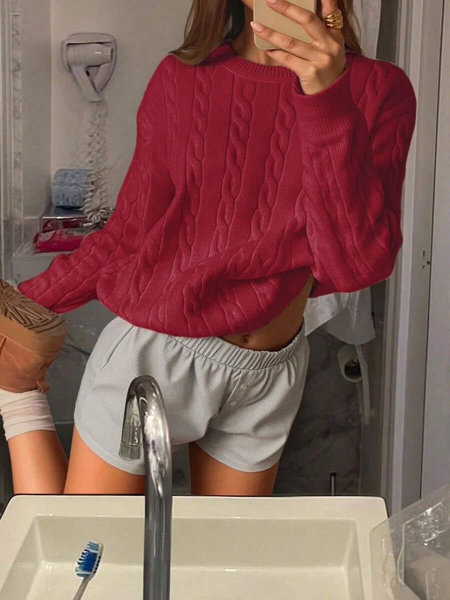 Marlowe Chunky Cable Knit Sweater Loose Crew Neck Pullover - Cherry Red