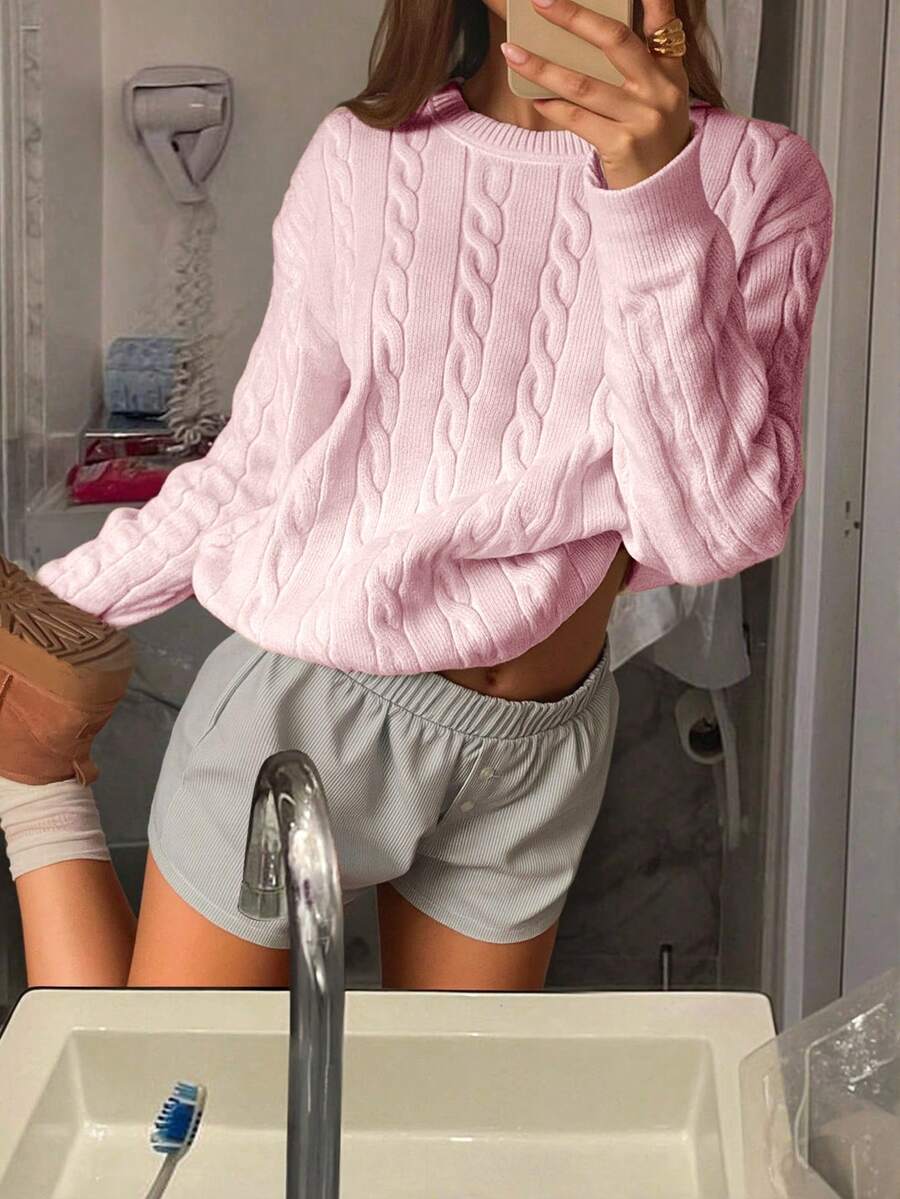 Marlowe Chunky Cable Knit Sweater Loose Crew Neck Pullover - Baby Pink