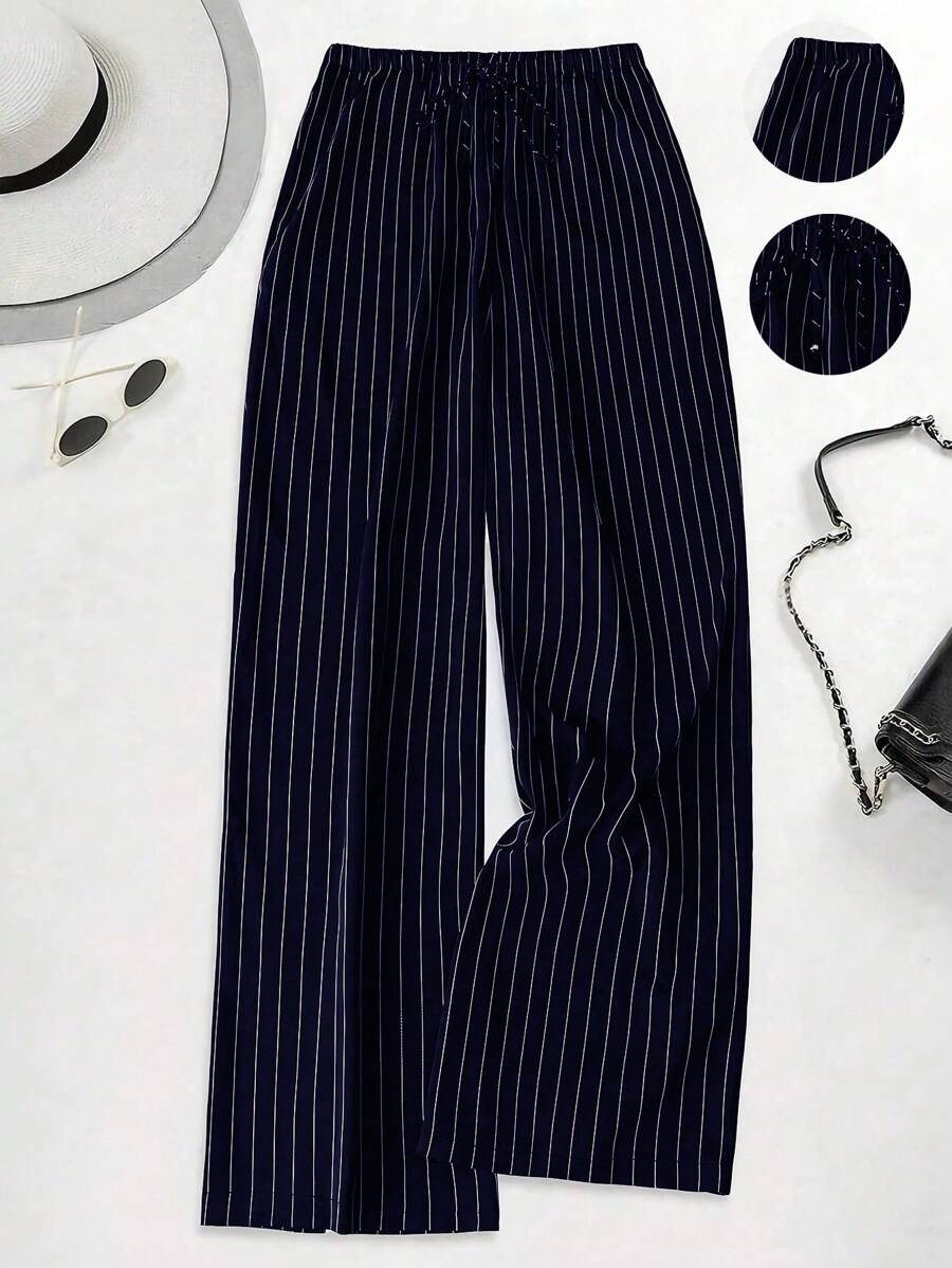 Philippa Pinstripe High-Waist Straight Leg Drawstring Trousers - Navy Pinstripe