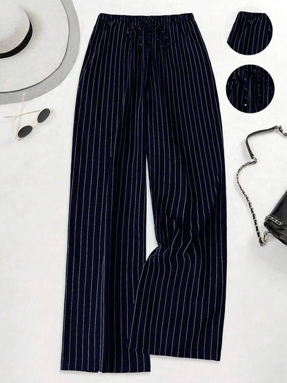Philippa Pinstripe High-Waist Straight Leg Drawstring Trousers - Navy Pinstripe