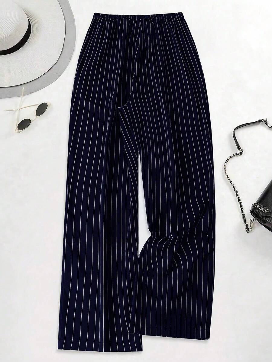 Philippa Pinstripe High-Waist Straight Leg Drawstring Trousers - Navy Pinstripe