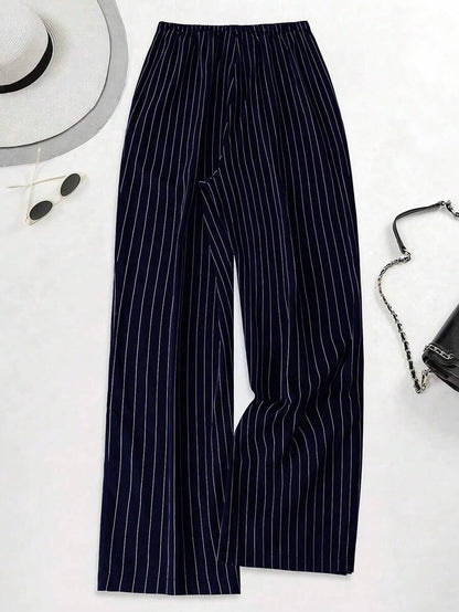 Philippa Pinstripe High-Waist Straight Leg Drawstring Trousers - Navy Pinstripe