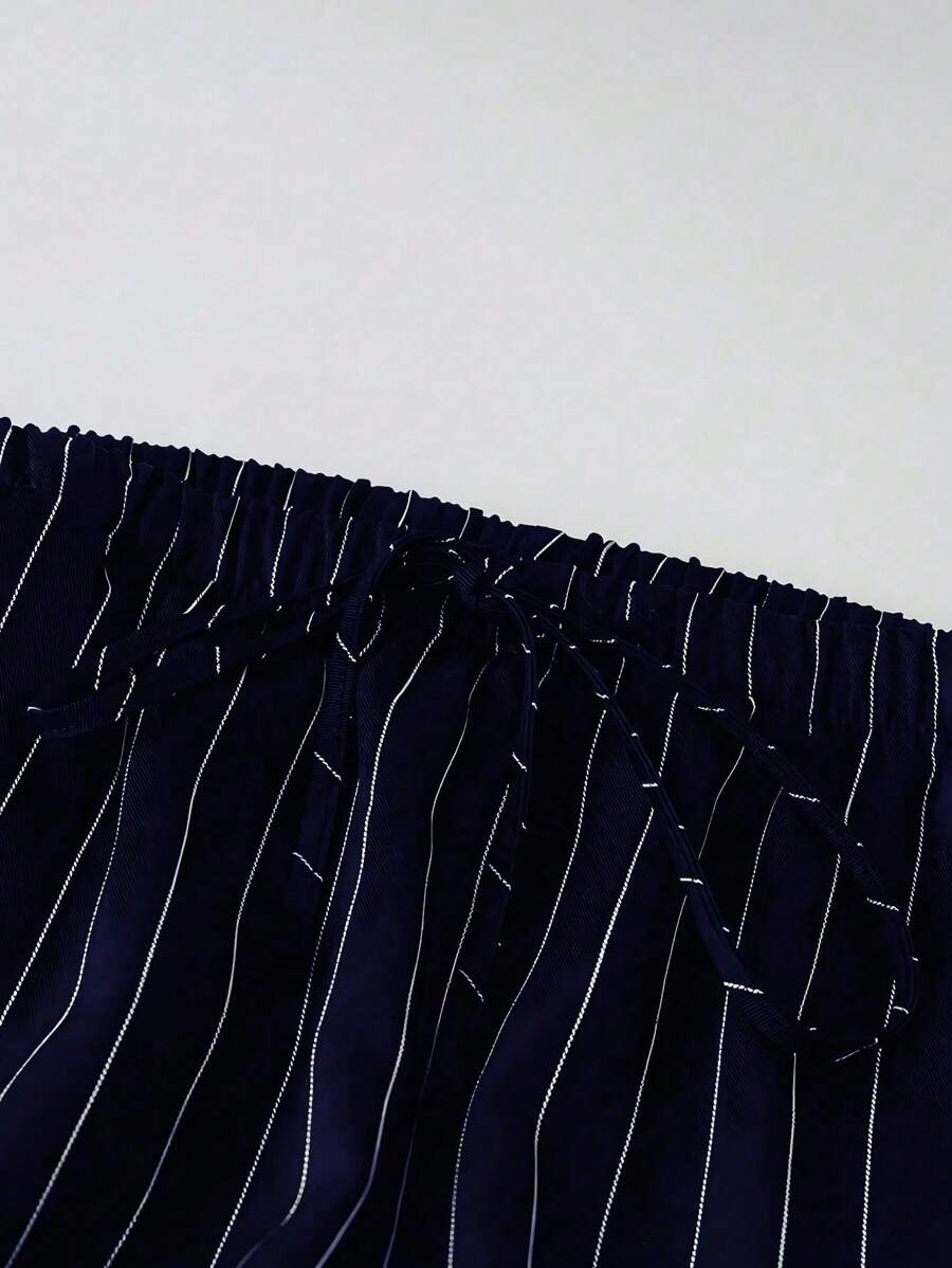 Philippa Pinstripe High-Waist Straight Leg Drawstring Trousers - Navy Pinstripe