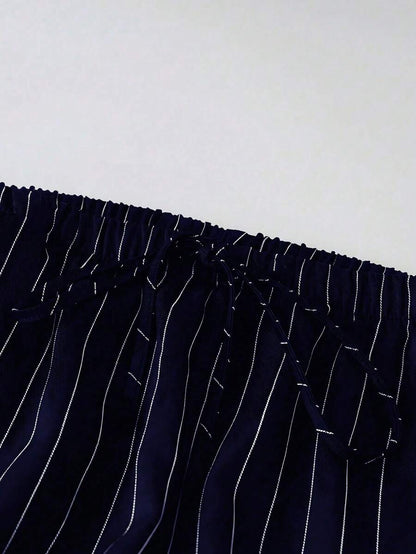 Philippa Pinstripe High-Waist Straight Leg Drawstring Trousers - Navy Pinstripe